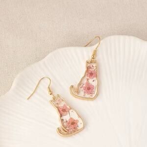 Cat Earrings Resin Dried Flower Gold Tone Dangle Drop Fishhook Silicone Backs